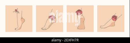 Elegant female feet with flowers. Human legs and heels and the roses and peonies depicted on them. Trendy vector illustration in minimalistic style Stock Vector