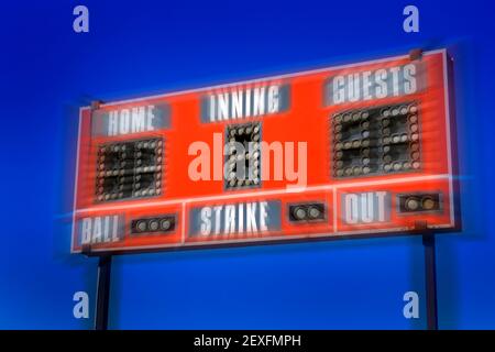 Baseball scoreboard with details of score ball strike innings zooming motion blur Stock Photo