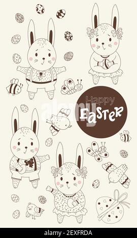 Set of Easter bunnies and birds. Cute bunnies girls and boys with Easter eggs in their paws, birds and butterflies and bees. Vector. Black line Stock Vector