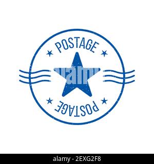 Distressed postal stamp vector illustration. Round shape blue postage stamp, with star and waves. Stock Vector