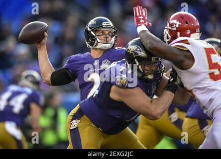 Baltimore Ravens' quarterback Jimmy Clausen passes under heavy pressure  during the fourth quarter against the Kansas City Chiefs' at M&M Bank  Stadium on December 20, 2015 in Baltimore, Maryland. Kansas City won