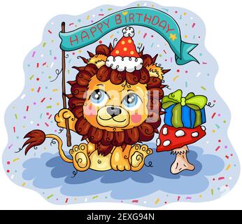 Happy birthday illustration with cute lion Stock Photo
