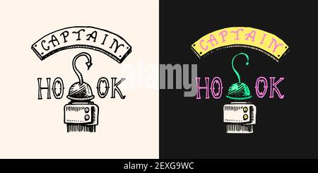 Pirate hook logo. Captain's hand. Marine and nautical or sea, ocean emblem for sticker or t-shirt. Engraved drawn, old label or badge. Stock Vector