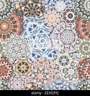 Seamless pattern with floral mandala. Arabic multicolor ornament for printing on fabric ore paper. Stock Vector