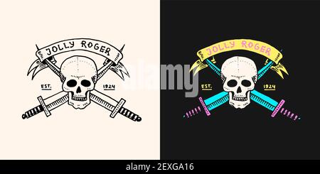 Pirate skull on the background of daggers or swords logo. Jolly roger or Corsair. Marine and nautical or sea, ocean emblem for sticker or t-shirt Stock Vector