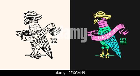 Pirate Parrot with Ribbon logo. Jolly roger or Corsair. Marine and nautical or sea, ocean emblem for sticker or t-shirt. Engraved hand drawn, old Stock Vector