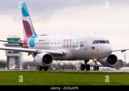 Eurowings has added a message onto one of their Airbus A320 airliner planes to thank their employees for their efforts during the COVID 19 pandemic Stock Photo