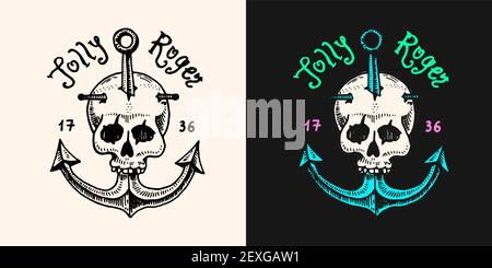 Pirate skull at anchor logo. Jolly roger or Corsair. Marine and nautical or sea, ocean emblem for sticker or t-shirt. Engraved hand drawn, old label Stock Vector