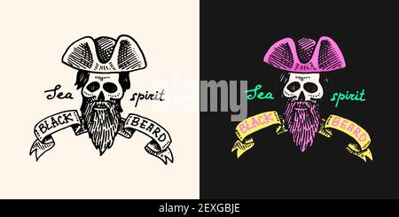 Pirate Skull logo. Jolly roger or Corsair and black beard. Marine and nautical or sea, ocean emblem for sticker or t-shirt. Engraved hand drawn, old Stock Vector