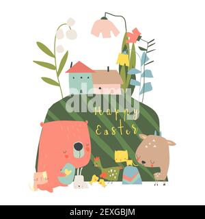 Cartoon illustration with cute animals celebrating Easter Stock Vector