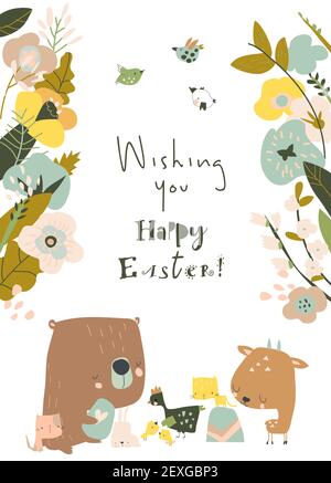 Cartoon illustration with cute animals celebrating Easter Stock Vector