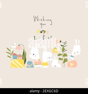 Cartoon Easter illustration with rabbits, flowers and easter eggs Stock Vector