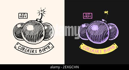 Pirate bomb or explosive logo. Marine and nautical or sea, ocean emblem for sticker or t-shirt. Engraved hand drawn, old label or badge. Stock Vector