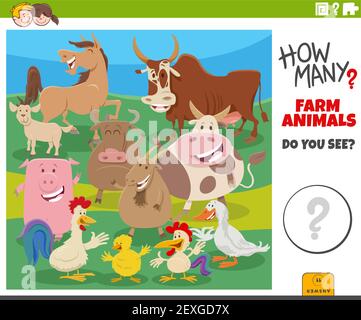 Illustration of educational counting task for children with cartoon farm animal characters group Stock Vector