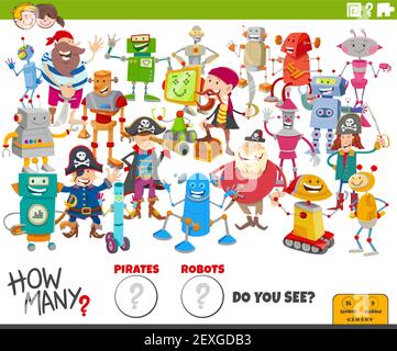 Illustration of educational counting game for children with cartoon robots and pirates characters Stock Vector