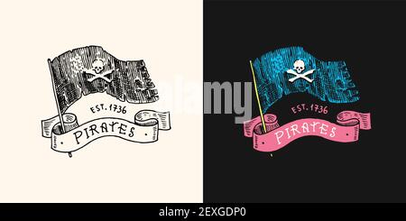 Pirate Skull Flag logo. Jolly roger or Corsair. Marine and nautical or sea, ocean emblem. Engraved hand drawn, old label or badge. Stock Vector