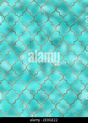 Moroccan seamless pattern with gold line over turquoise blues. Turkish Islam, Arabic, Indian, ottoman design, geometrical oriental texture. Print for textile, wallpaper, wrapping. 3D illustration Stock Photo