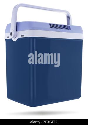 Blue small portable refrigerator for traveling isolated on white. Stock Photo