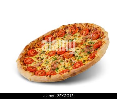 Pizza with cheese and tomato sauce isolated on white background. fresh cherry tomato topping. Stock Photo