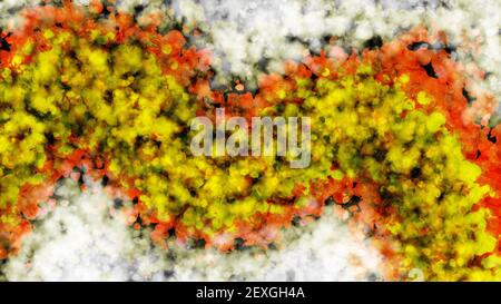 Abstract painting with dark background. Brushstrokes in white, yellow and orange. Marble texture. Alcohol ink colors. 4K. Stock Photo