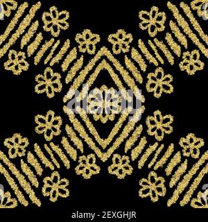 Seamless gold glitter ethnic rug motif pattern. Stock Photo