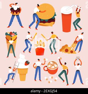 Foodie people. Tiny humans with huge food, eating, pulling and dragging fast food, burger, sushi and pizza, loving food concept, vector characters Stock Vector