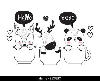 cute animals on cups sketch Stock Vector