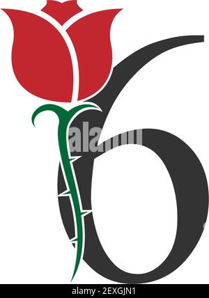 Number 6 logo icon with rose design vector illustration Stock Vector