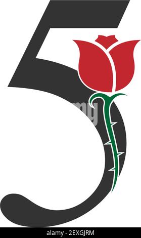 Number 5 logo icon with rose design vector illustration Stock Vector