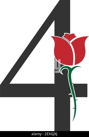 Number 4 logo icon with rose design vector illustration Stock Vector