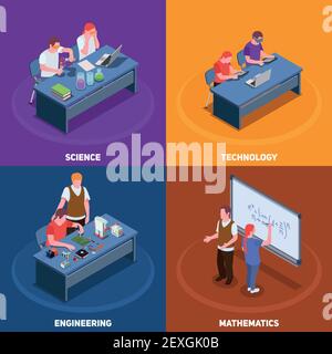 STEM education isometric 2x2 design concept with various situations involving students and teachers with text captions vector illustration Stock Vector