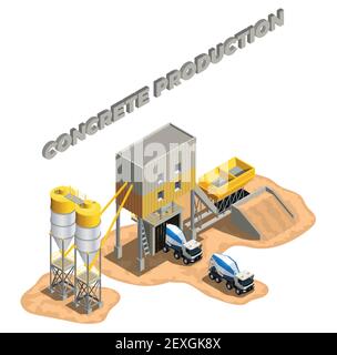 Concrete production isometric composition with editable text and factory buildings cement mixing plant facilities with conveyors vector illustration Stock Vector