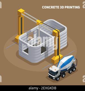 Concrete production isometric composition with view of 3d printed building under construction with cement mixing truck vector illustration Stock Vector