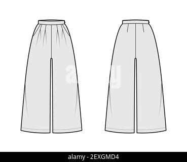Pants culotte palazzo technical fashion illustration with normal waist, high rise, double pleats, calf length, wide legs. Flat trousers template front, back, grey color. Women men unisex CAD mockup Stock Vector