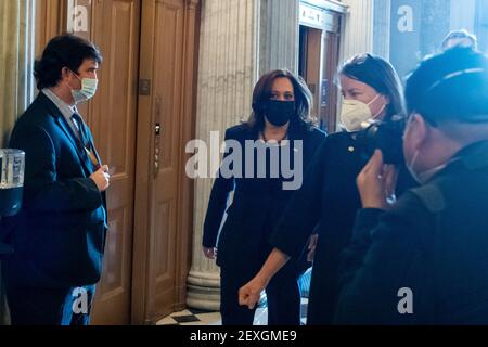 United States Vice President Kamala Harris arrives at the Senate chamber for a vote at the U.S. Capitol in Washington, DC, Thursday, March 4, 2021. Credit: Rod Lamkey/CNP /MediaPunch Stock Photo