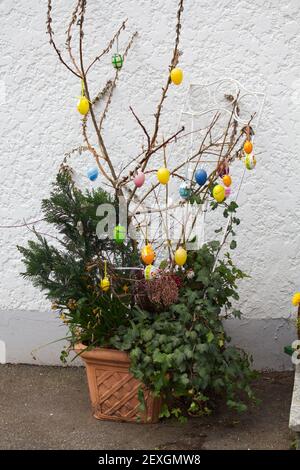 eastern egg decoration. painted eastereggs hanging on branch Stock Photo
