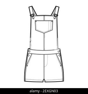 Dungarees Denim overall jumpsuit technical fashion illustration with micro length, normal waist, high rise, pockets, Rivets. Flat apparel front, white color style. Women, men unisex CAD mockup Stock Vector