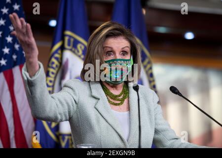 Speaker of the United States House of Representatives Nancy Pelosi (Democrat of California) holds her weekly press conference at the U.S. Capitol in Washington, DC, Thursday, March 4, 2021. Credit: Rod Lamkey/CNP /MediaPunch Stock Photo