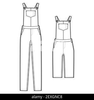 Set of Dungarees Denim overall jumpsuit dress technical fashion illustration with full knee length, normal waist, high rise, pockets, Rivets. Flat front white color style. Women, men unisex CAD mockup Stock Vector