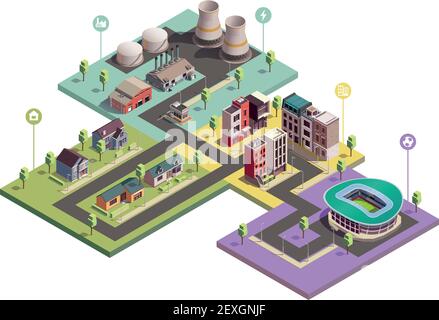 Suburbian buildings isometric composition with view of city blocks of different domain with flat pictogram icons vector illustration Stock Vector