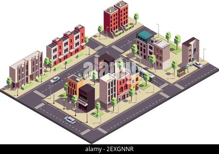 City houses isometric composition with buildings and road isolated ...