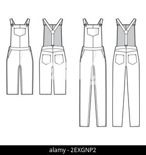 Set of Dungarees Denim overall jumpsuit dress technical fashion illustration with full knee length, normal waist, high rise, pockets, Rivets. Flat front back, white color style. Women, men CAD mockup Stock Vector
