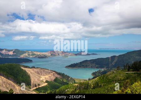 The view looking down on Port Underwood from the windy road to Picton, Marlborough Sounds, New Zealand Stock Photo