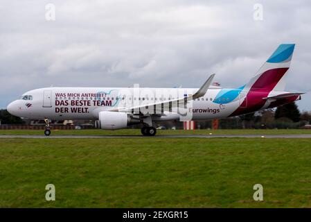 Eurowings airline has added a message onto one of their Airbus A320 airliners to thank their employees for their efforts during the COVID 19 pandemic Stock Photo