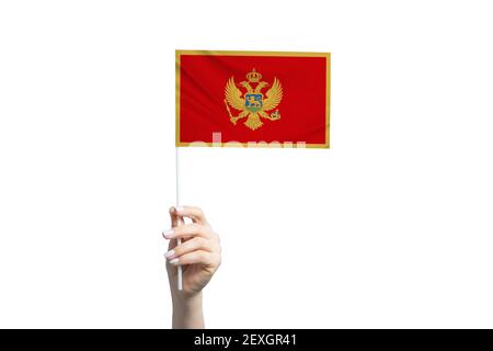 Beautiful female hand holding Montenegro flag, isolated on white background. Stock Photo