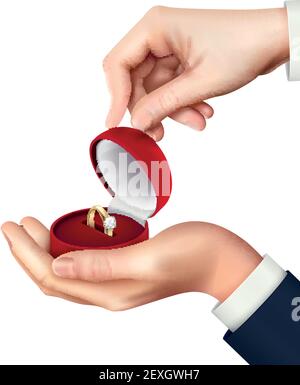 Open jewelry box with engagement wedding ring in hand realistic composition for marriage proposal present vector illustration Stock Vector