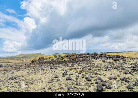 Fallen toppled moai (statues) on the ruined platform at Ahu Akahanga on the rocky, rugged south coast of Easter Island (Rapa Nui) Stock Photo