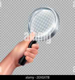 Classic magnifying glass round metal frame in human hand against transparent background closeup image realistic vector illustration Stock Vector