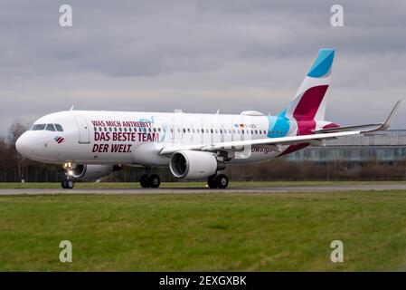 Eurowings has added a message onto one of their Airbus A320 airliner planes to thank their employees for their efforts during the COVID 19 pandemic Stock Photo