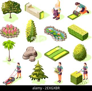 Landscaping set of isometric icons with design elements green lawn trees and bushes isolated vector illustration Stock Vector